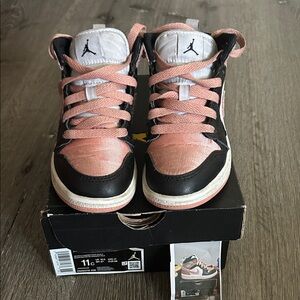 Kids Jordan 1s Pink and Black Sneakers